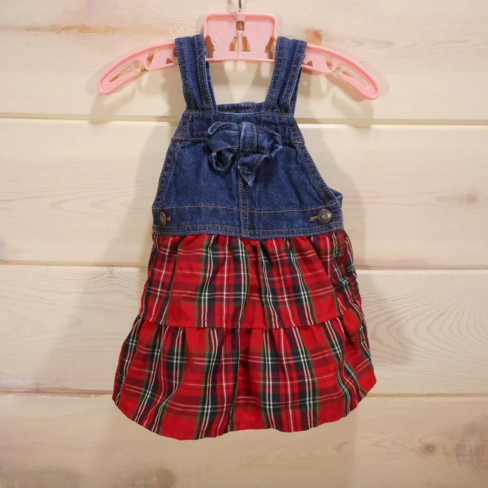 OshKosh B’gosh Baby Girl 9 Mo Denim Overall Dress Plaid Heart